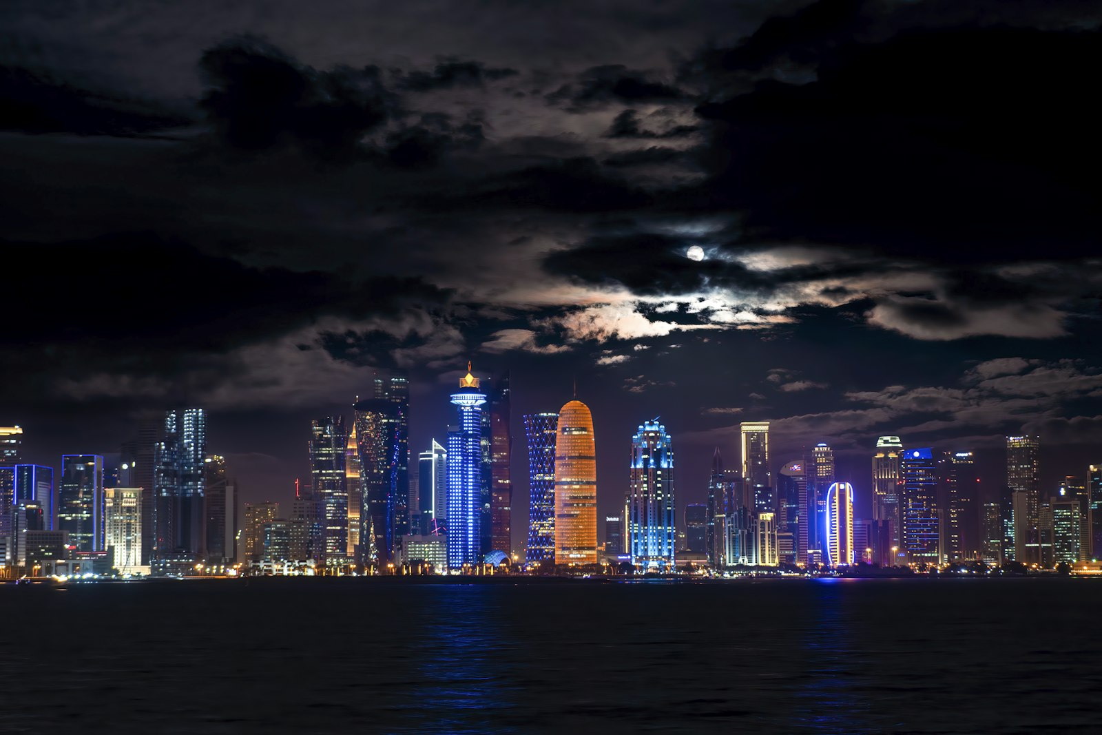 Doha skyline and Corniche at sunset